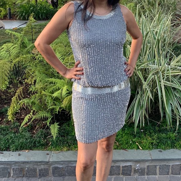 Adrianna Papell Size 4 Formal Silver Sequined & Beaded Blouson Tank Dress - Picture 3 of 12